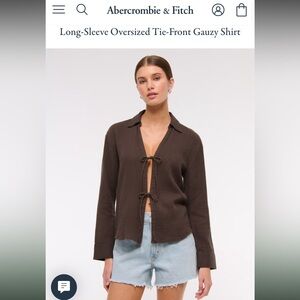 Abercrombie & Fitch Long-Sleeve Oversized Tie-Front Gauzy Shirt - Brown